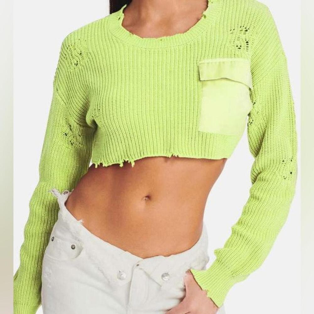 SER.O.YA Devin Cropped Distressed Knit Sweater Medium Neon Lime Green Raw Hem